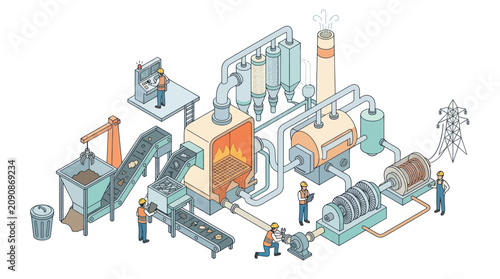 Valokuva Isometric illustration of a biomass power plant with workers.