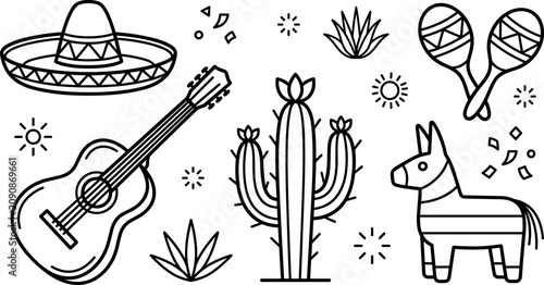 Mexican culture line art vector set with sombrero, guitar, cactus, maracas and piñata traditional festive illustration