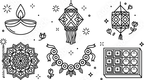 Diwali Festival Decorative Collection Vector Set with Diya Lantern Rangoli Garland and Traditional Celebration Line Art Elements