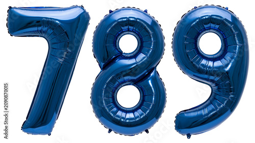 Shiny blue number balloons 7 8 and 9, isolated on transparent background