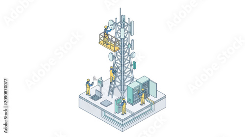 Isometric illustration of a telecommunications tower with engineers performing maintenance.