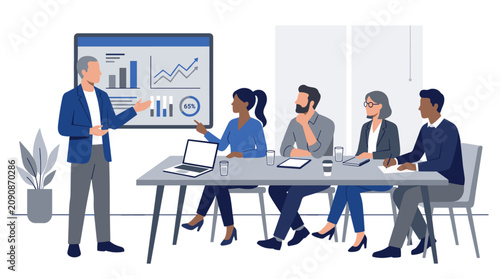 Professional business presentation meeting with diverse team analyzing data