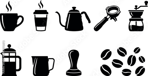 Coffee brewing silhouette vector set featuring cup, kettle, portafilter, grinder, French press and roasted beans icon collection