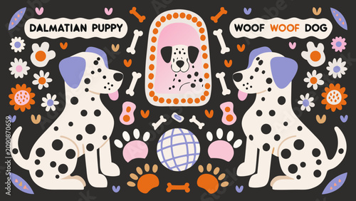 Fotografía Dalmatian puppy illustration with bones paw prints and floral ornaments on a dar