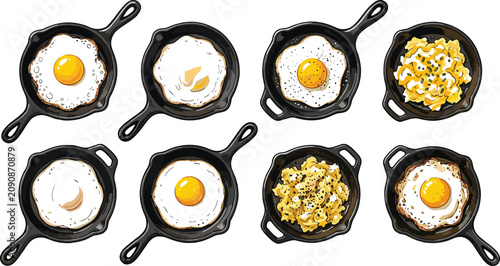 Foto PrintCast Iron Skillet with Fried Eggs Mac and Cheese Breakfast Food Vector Illu
