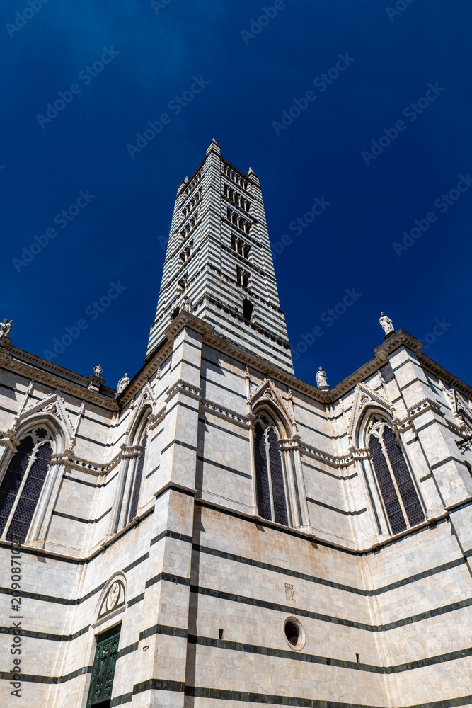 Fototapeta premium Low-angle view of Siena Cathedral and its tall bell tower against a deep blue sky. The image emphasizes the monument’s dramatic height and white marble details.