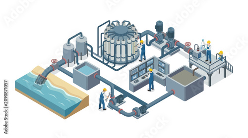 Photos Isometric Water Treatment Plant with Workers and Filtration System