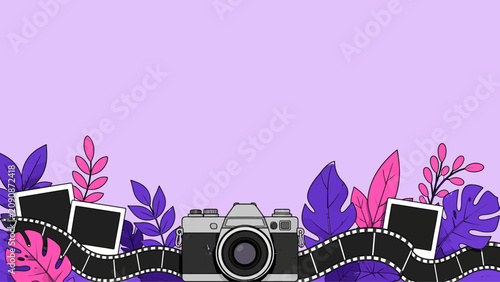 Retro camera with filmstrip, blank photo frames and colorful leaves on purple background, photography background illustration
