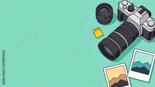 Принти на полотні Creative photography equipment and developed photo prints on a teal background,