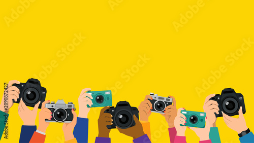 Hands holding different cameras flat vector illustration on yellow background. Diverse photographers concept
