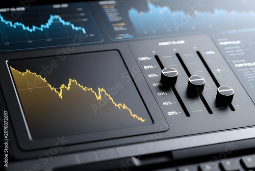 Subject: gold price chart shows price drop displayed on a control desk beside sliders for adjusting asset class proportions, Environment: advanced fintech portfolio management station with professiona