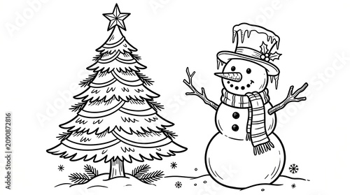 Black and white line of a decorated christmas tree and a snowman wearing a hat winter