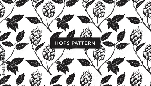 Very beautiful black and white realistic vector illustration of a vintage seamless hops pattern featuring a bold label reading 
