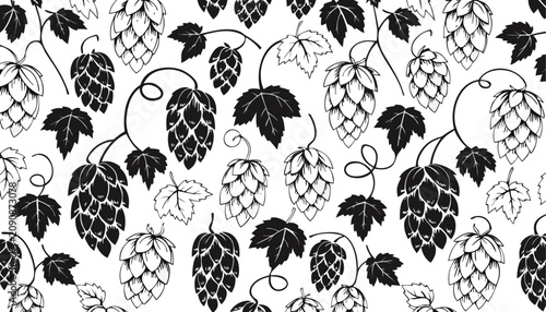 Very beautiful black and white realistic vector illustration of a vintage seamless hops pattern featuring a bold label reading 