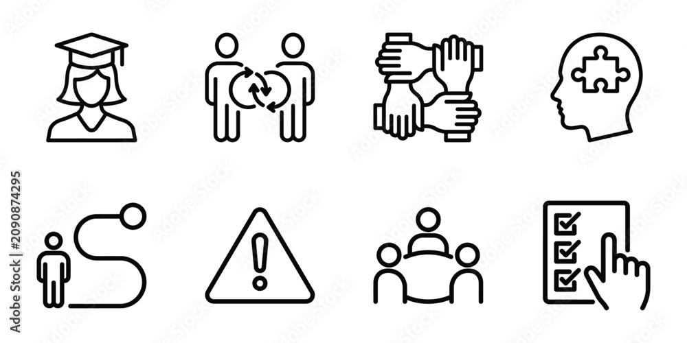 Fototapeta premium Professional development and teamwork vector line icons with teamwork education business cooperation
