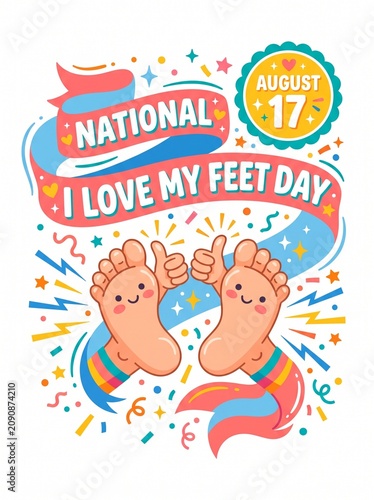 Playful Vibrant Flat Vector Illustration of Cartoon Feet Giving Thumbs-Up with Sparkles and Confetti for National I Love My Feet Day

