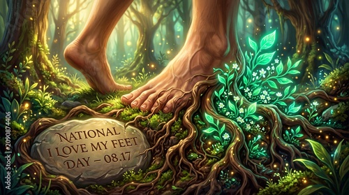 Surreal Concept Art Illustration of Human Foot Transforming into Tree Roots with Bioluminescent Foliage for National I Love My Feet Day

