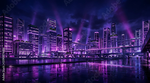 Futuristic night cityscape with glowing purple neon lights