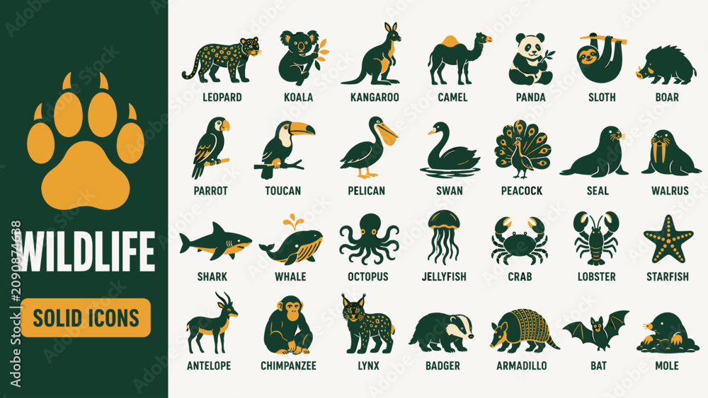 Naklejka premium Wildlife Animals Color Solid Icon Set with Jungle, Safari, Forest, Marine and Reptile Species