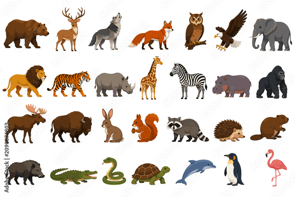 Obraz premium Wild animal icon set with mammals birds reptiles marine life and forest wildlife vector illustration