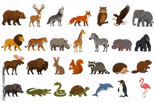 Photography Wild animal icon set with mammals birds reptiles marine life and forest wildlife