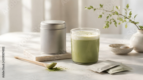 Matcha latte in glass jar with tea tin and wooden spoon