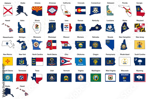 United States state flags icon set with all US state flags map symbols and regional emblems vector illustration