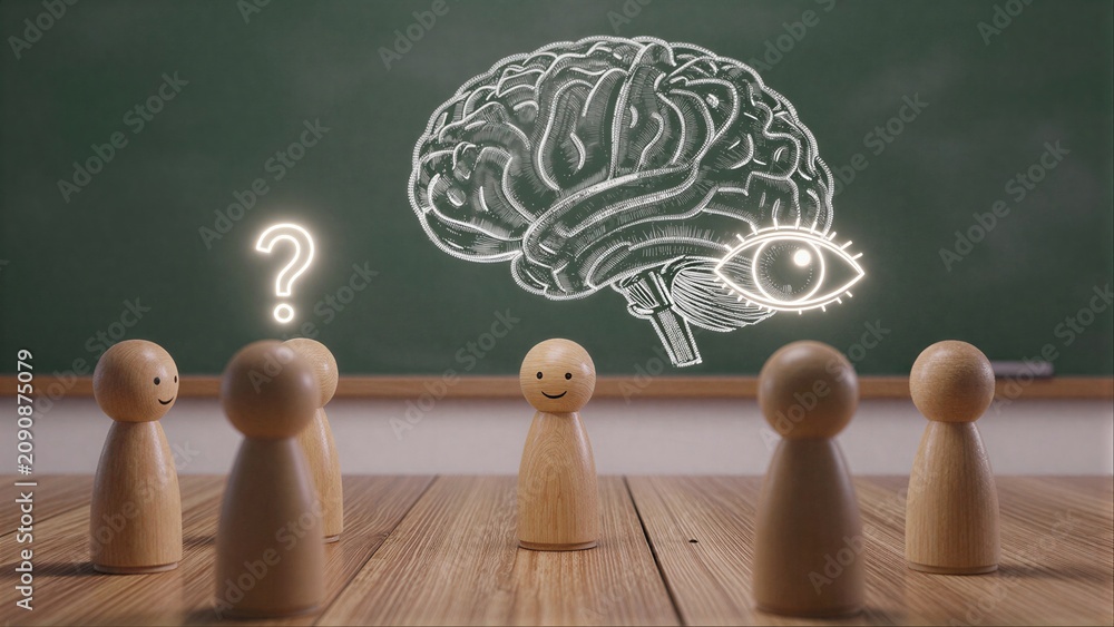 Naklejka premium Wooden figures gaze at chalkboard brain and eye, symbolizing thought and perception.
