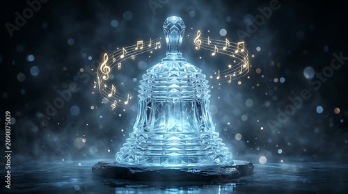 Crystal bell standing on a dark stone base with glowing golden musical notes and bokeh lights
