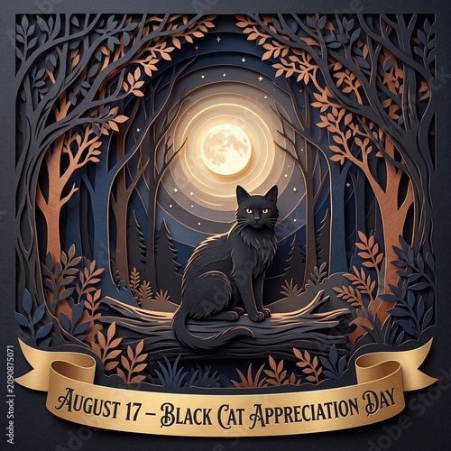 Detailed Paper-Cutout Layered Illustration of Majestic Black Cat in Moonlit Forest Clearing for Black Cat Appreciation Day

