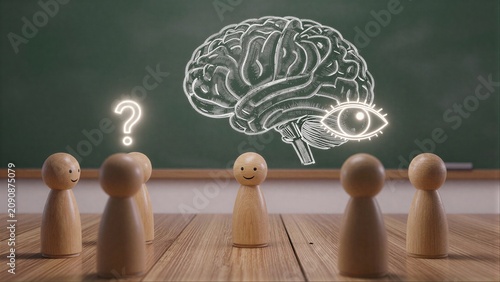 Wooden figures gaze at chalkboard brain and eye, symbolizing thought and perception.