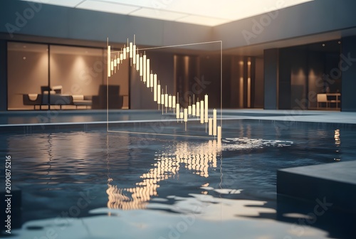 Subject: gold price chart shows price drop mirrored across a tranquil reflection pool revealing alternative portfolio allocation possibilities, Environment: luxury financial retreat designed for strat