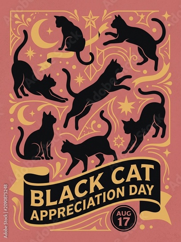 Vibrant Flat Vector Art of Abstract Black Cat Silhouettes in Playful Poses with Geometric Elements for Black Cat Appreciation Day

