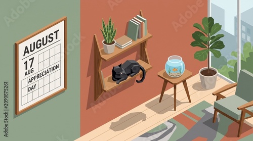 Isometric Vector Illustration of Stylized Black Cat in Minimalist Modern Apartment with Calendar Typography for Black Cat Appreciation Day

