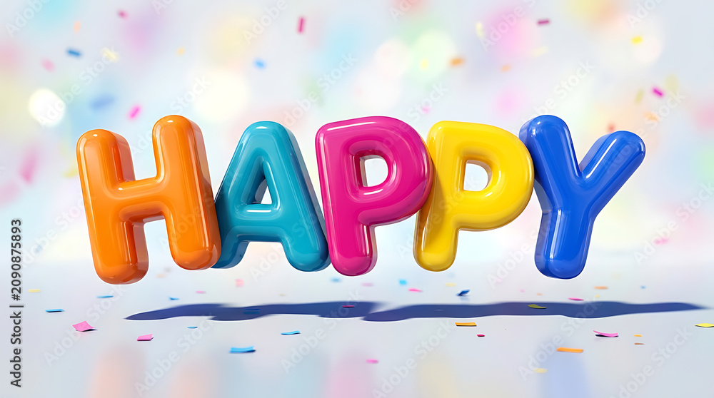 Fototapeta premium Colorful 3D Balloon Letters Spelling Happy With Confetti Background For Celebration Concept