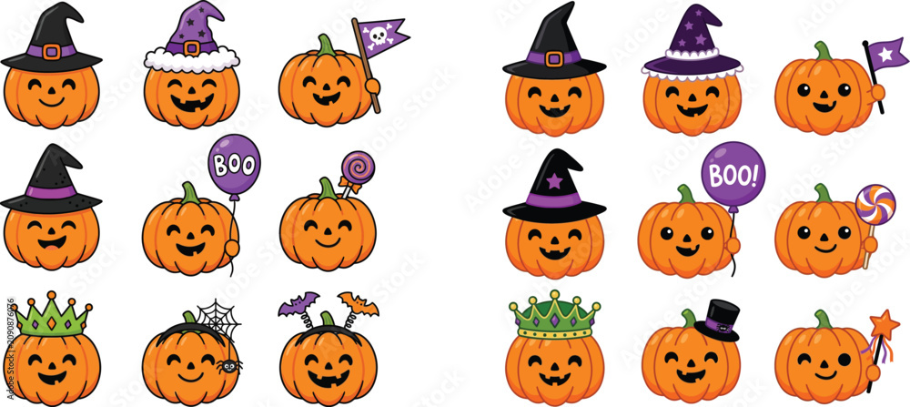 Obraz premium Set of cute cartoon halloween pumpkins with various accessories halloween jackolantern celebration character collection illustration elements seasonal isolated children