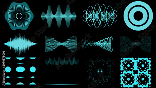 Tablou pe pânză Audio Waveform Variations Collection Teal Vector Illustrations On Black Backgrou