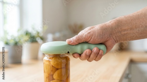 Elderly hand using a jar opener device in the kitchen. Senior assistive technology and independent living concept