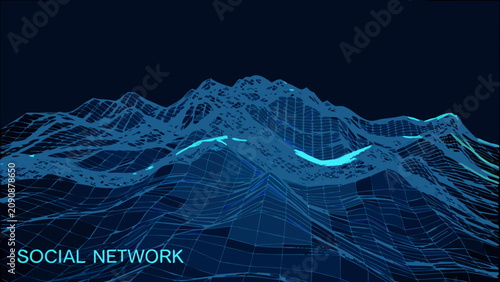 Foto Abstract network visualization with glowing blue lines forming a mountainous lan