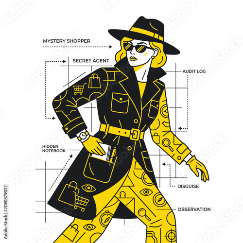 Tableau sur toile Mystery Shopper Woman in Disguise with Secret Agent Tools and Observation Icons