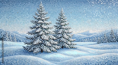 Mosaic tile of two snowy pine trees in a winter landscape with rolling hills and blue sky