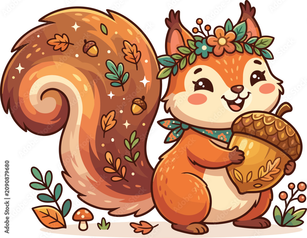 Obraz premium Cute happy cartoon squirrel wearing flower crown holding big acorn with decorated fluffy tail isolated on white background vector illustration