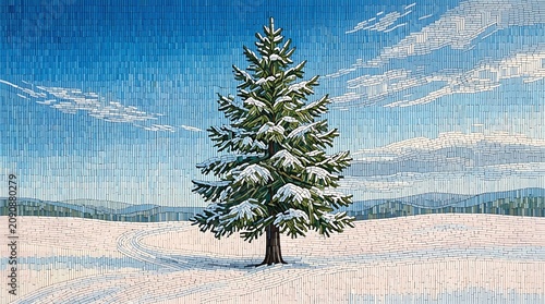 Single pine tree covered in snow standing in a vast snowy field under a blue sky