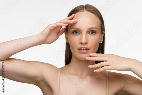 Fotografie Face, beauty and satisfaction with woman in studio on a gray background to promote natural skincare
