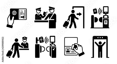 Set of black and white airport security and customs check icons showing passport control and passenger screening and travel identification processes for aviation and travel industry visual media