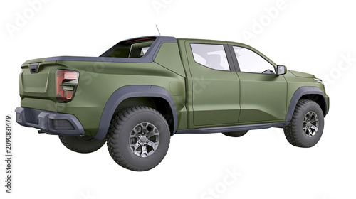 Modern olive green pickup truck with rugged tires, isolated on transparent background