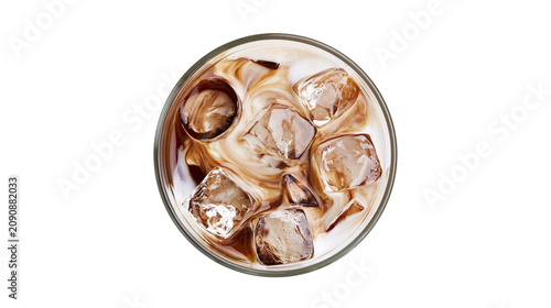 Konstfotografi Refreshing iced coffee with swirling cream and ice cubes, isolated on transparen