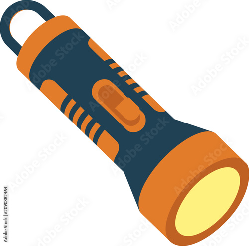 vector illustration of an orange and navy blue flashlight, symbolizing business troubleshooting, strategic insights discovery, and finding creative solutions.