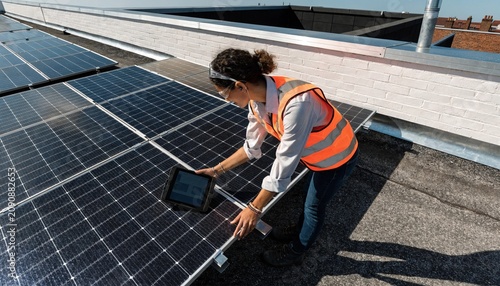 Female solar panel technician using a tablet to inspect photovoltaic modules on a sunny urban rooftop, wearing safety vest, bright daylight, renewable energy maintenance and clean power technology