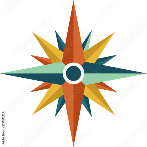 vector illustration of a retro multi pointed compass rose star, symbolizing multi-faceted business strategy, strategic navigation, and global market expansion.